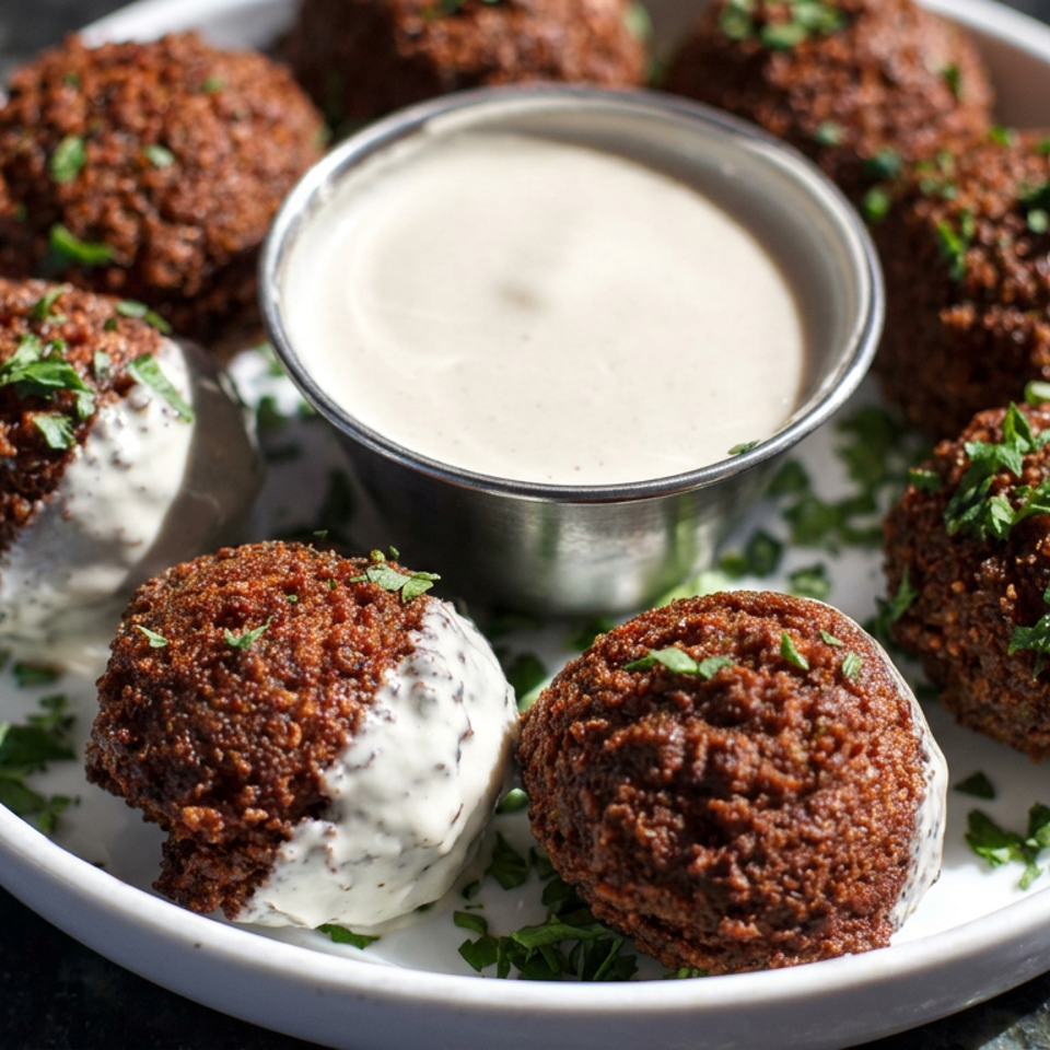 Crispy falafel balls topped with chopped herbs and creamy sauce, arranged around a cup of tahini on a white plate.