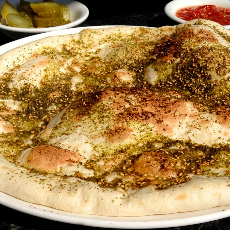 Large herb- and sesame-topped flatbread with browned meat pieces, served on a white plate beside pickles and red sauce.
