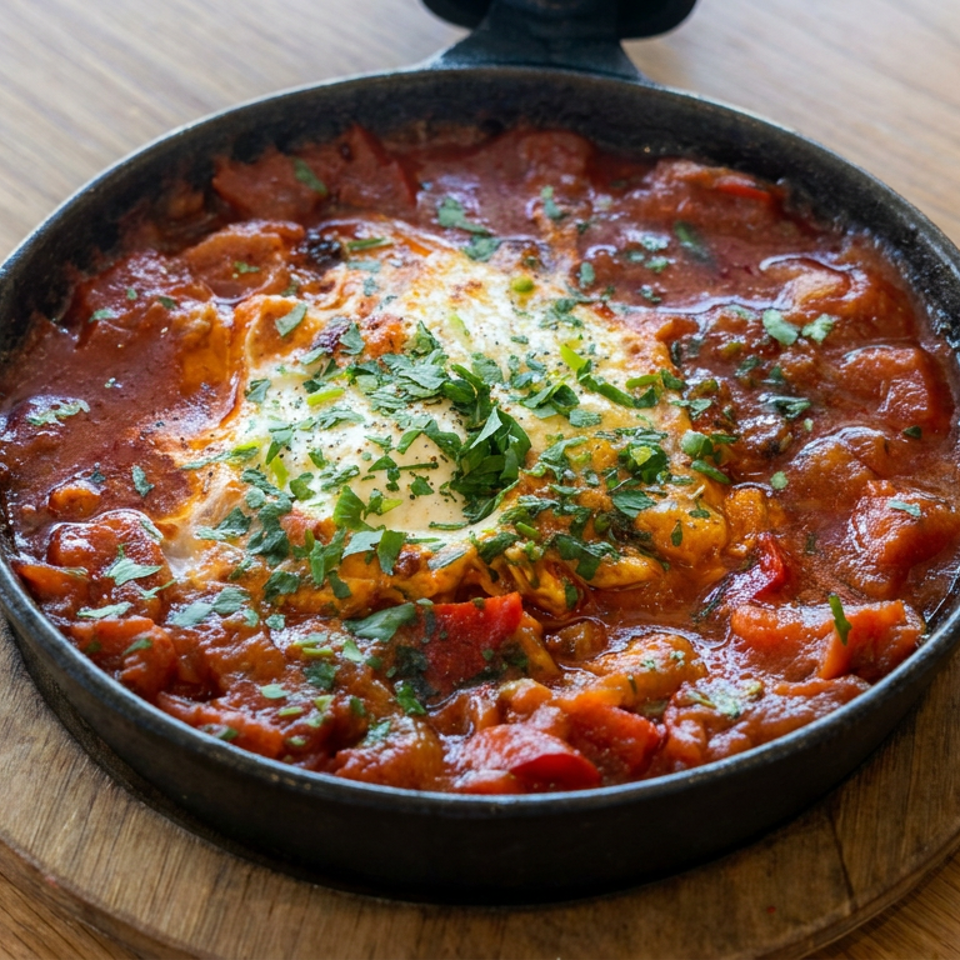 Skillet of eggs in spicy tomato sauce, topped with fresh herbs, served on a wooden board.