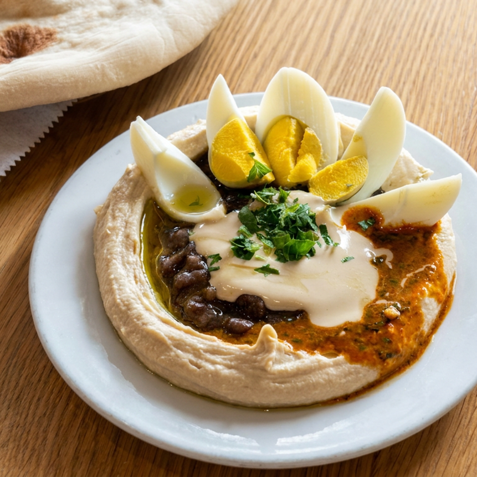 Hummus topped with fava beans, tahini, hard-boiled eggs, herbs, and olive oil, served with pita bread on a wooden table.
