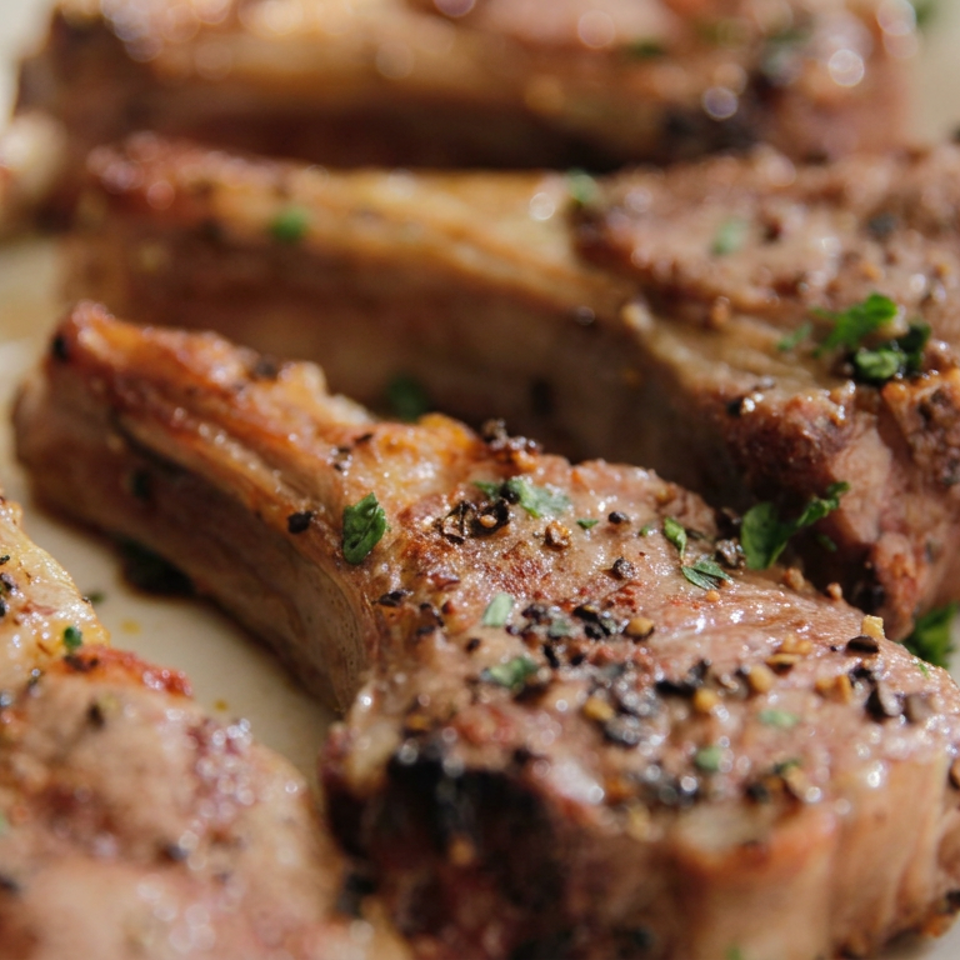 Close-up of grilled lamb chops seasoned with cracked pepper and garnished with fresh herbs on a plate.