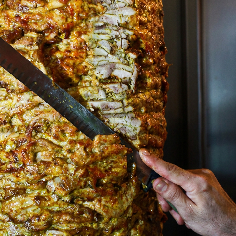 Cook slices seasoned meat from a vertical rotisserie using a long knife.