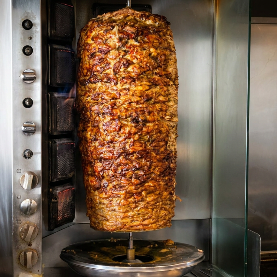 Large seasoned meat cone rotating on a vertical rotisserie inside a stainless-steel restaurant kitchen.