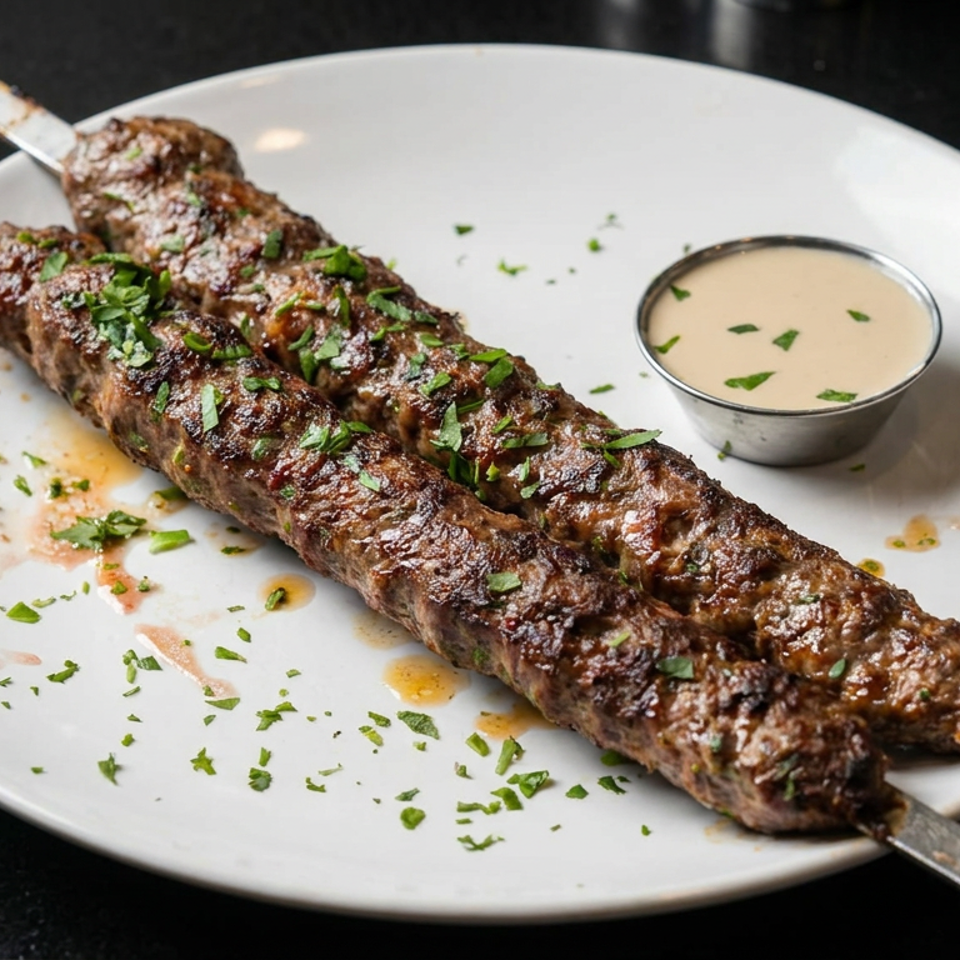 Grilled meat skewers garnished with chopped herbs, served on a white plate with creamy dipping sauce.