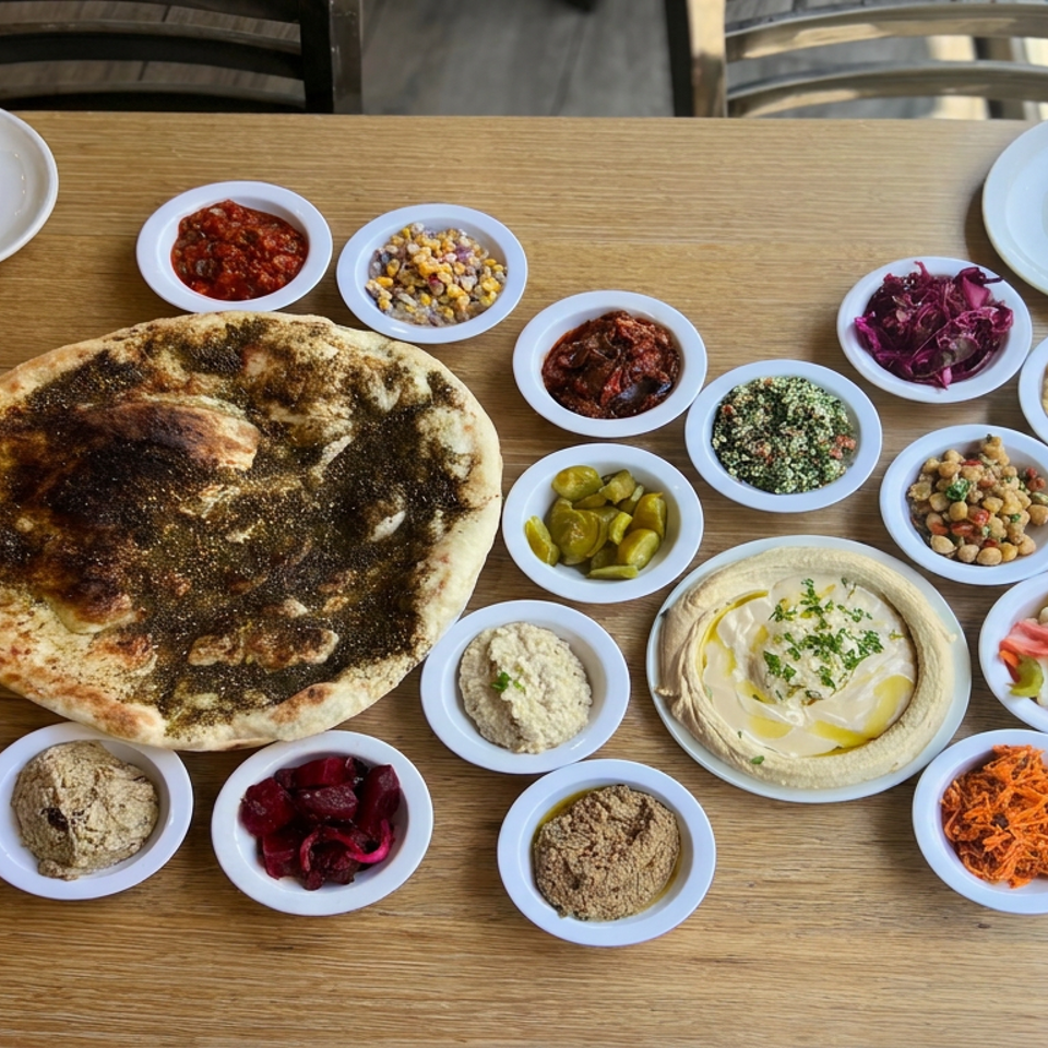 Overhead table spread featuring flatbread, hummus, salads, dips, pickled vegetables, and assorted Middle Eastern mezze.