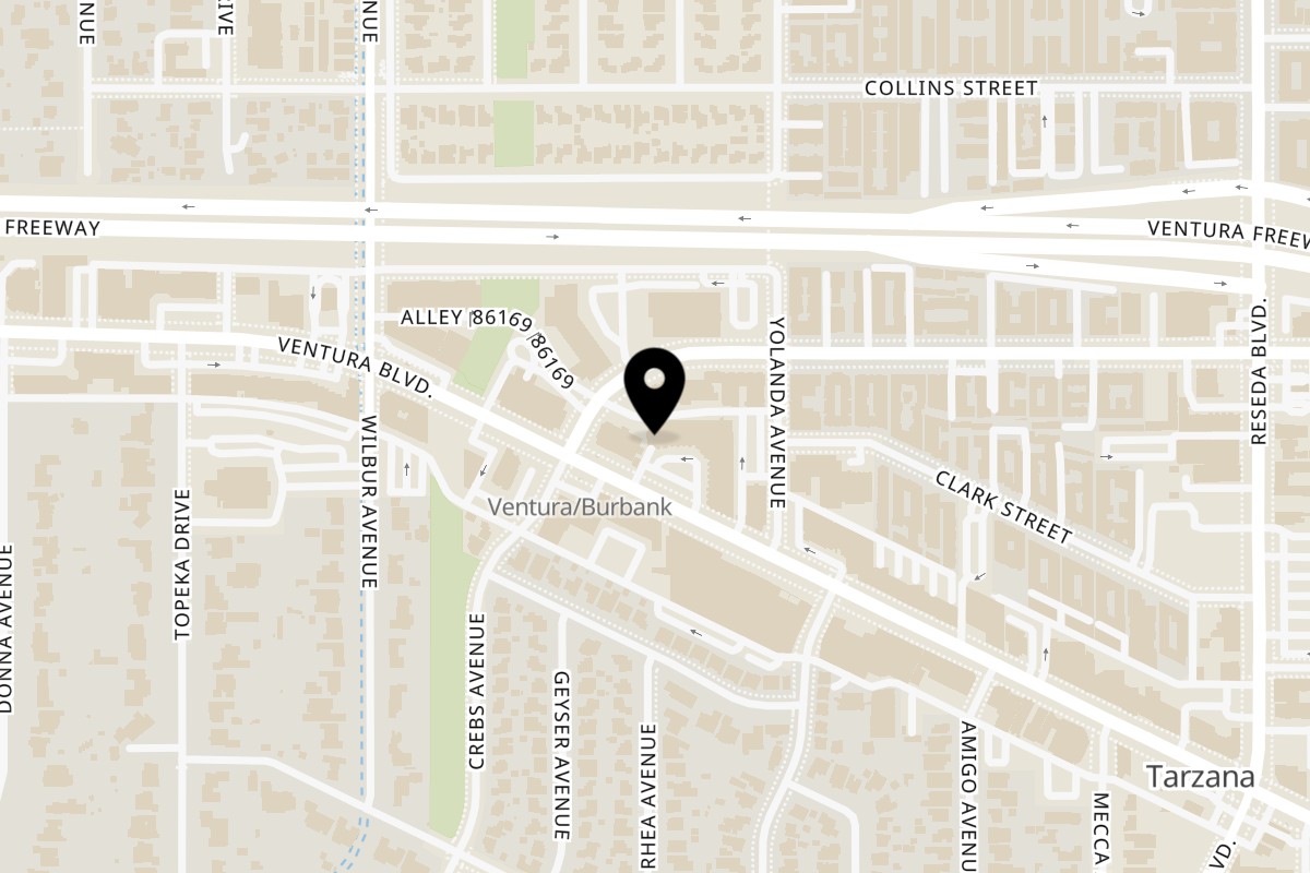 Map showing the location of Hummus Bar & Grill on 18743 Ventura Blvd in Tarzana
